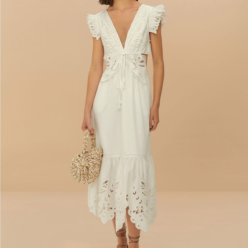 NWT FARM RIO OFF WHITE BUTTERFLY SHORT SLEEVE RICHELIEU MIDI DRESS